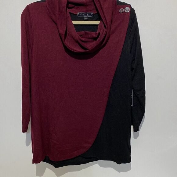 Vintage Rose Women's Maroon and Black Cowl Neck Stretch Knitted Pullover Sweater - Picture 1 of 8